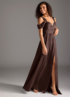 Azazie Lianne Robes de demoiselle d'honneur Robe Trapèze en Satin extensible Épaule décolletée Ganache image6
