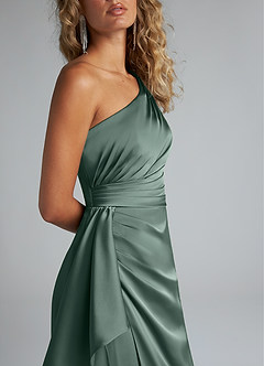 Azazie Maive Bridesmaid Dresses Sea Moss Sheath Ruched Stretch Satin Dress image5