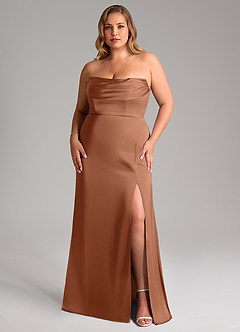 Azazie Saige Jurken voor bruidsmeisjes Jurk van Stretch Satijn met Kolom Off the Shoulder Bronzeertint image16