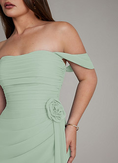 Azazie Ezria At-home Try On Dresses Agave A-Line Off the Shoulder Chiffon Dress image8