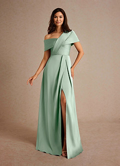 Azazie Milton Mother of the Bride Dresses Agave A-Line Pleated Stretch Satin Dress image1