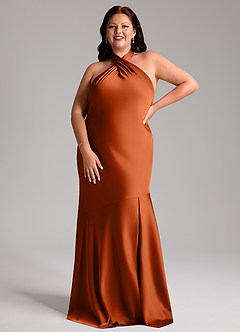 Azazie Lorena Bridesmaid Dresses Burnt Orange Mermaid Pleated Stretch Satin Dress image7