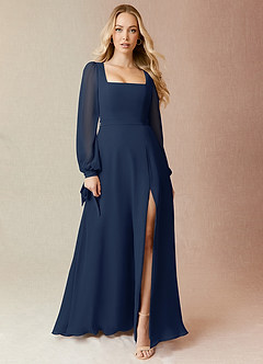 Azazie Leonia Bridesmaid Dresses Dark Navy A-Line Long Sleeve Chiffon Dress image3