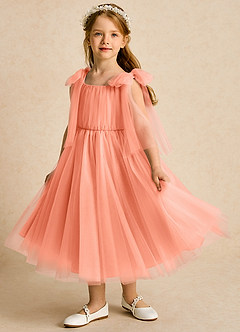 Azazie Dori Robe Demoiselle D'honneur Fillette Robe Trapèze en Tulle Rayé Coucher De Soleil image5