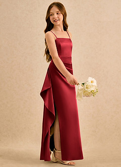 Azazie Cannoli Girls Formal Blumenmädchenkleider A-Linie Plissee Stretch-Satin Kleid Scharlachrot image4