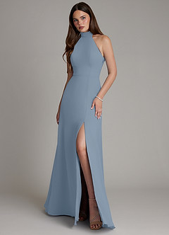 Azazie Myra Vestidos de damas de honor Vestido de Azul Polvoriento de Gasa de Corte en A con Cuello Alto image1