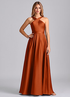 Azazie Dixie Bridesmaid Dresses Burnt Orange A-Line Pleated Stretch Satin Dress image3