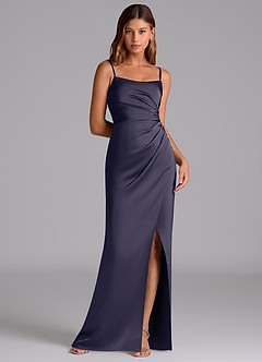 Azazie Calandra Suknie dla druhen Linia A Pofałdowany Satyna elastyczna Do ziemi Sukienka image1