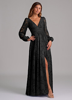 Azazie Norah Bridesmaid Dresses Black A-Line Long Sleeve Floral Burnout Dress image4
