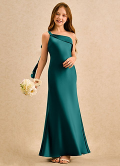 Azazie Almond Girls Formal Sukienki dla dziewczynek sypiących kwiaty Osłona Jedno ramię Satyna elastyczna Długość podłogi Sukienka image2