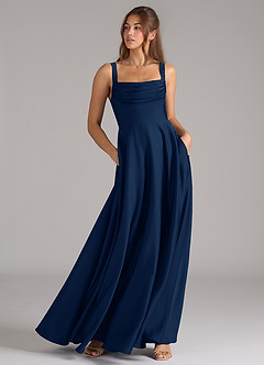 Azazie Shaude Bridesmaid Dresses Dark Navy A-Line Pleated Stretch Satin Dress image3