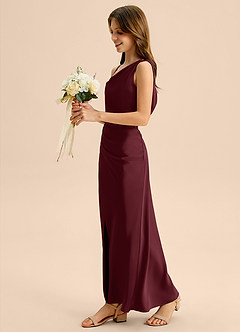 Azazie Madelyn Junior Cabernet Sheath Off the Shoulder Stretch Satin Dress image3