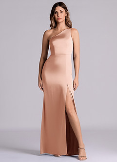 Azazie Philana Bridesmaid Dresses Rose Gold A-Line One Shoulder Stretch Satin Dress image4