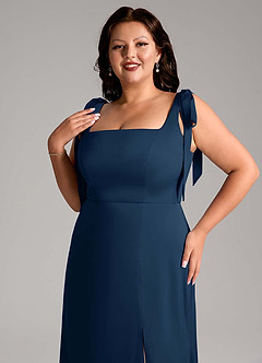 Azazie Frostine Bridesmaid Dresses Dark Navy A-Line Bow Stretch Satin Dress image10