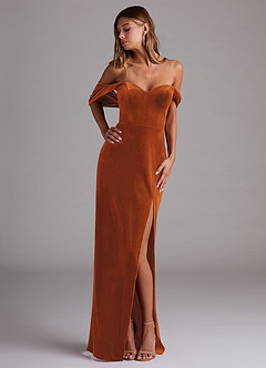Azazie Shay Bridesmaid Dresses Burnt Orange Sheath Off the Shoulder Velvet Convertible Dress image1