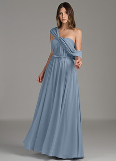 Azazie Nyah Robes à essayer chez vous Robe Trapèze en Mousseline de soie Épaule décolletée Bleu Poussiéreux image5