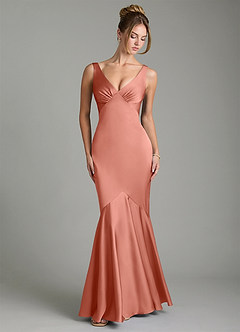 Azazie Alena Bridesmaid Dresses Salmon Pink Mermaid Pleated Stretch Satin Dress image6