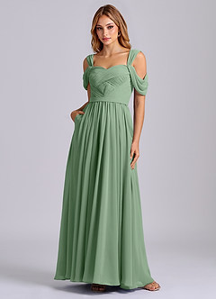 Azazie Koa 신부 들러리 드레스 A라인 오프 더 숄더 쉬폰 바닥 길이 드레스 image3