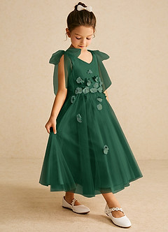 Azazie Minia Flower Girl Dresses Dark Green A-Line Bow Matte Satin Dress image3