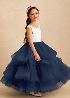 Azazie Madison Flower Girl Dresses Ivory Dark Navy Ball-Gown Lace Tulle Dress image4