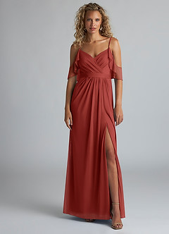 Azazie Fiena Final Sale Terracotta A-Line V-neck Ruched Mesh Dress image1