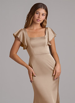 Azazie Elkie 신부 들러리 드레스 인어 스퀘어 네크라인 스트레치 새틴 바닥 길이 드레스 image6