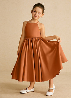 Azazie Sunray Flower Girl Dresses Copper A-Line Spaghetti Strap Matte Satin Dress image3