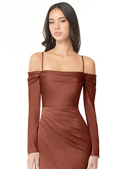 Azazie Hallie Bridesmaid Dresses Clay Sheath Off-The-Shoulder Long Sleeve Stretch Satin Convertible Dress image2