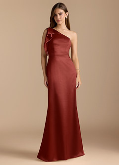 Azazie Rinna Bridesmaid Dresses Terracotta Mermaid Ruched Metallic Satin Dress image1