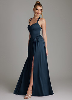 Azazie Francis Vestidos de damas de honor Vestido Azul Marino Oscuro de Satén Elástico de Línea A con Corsé image6