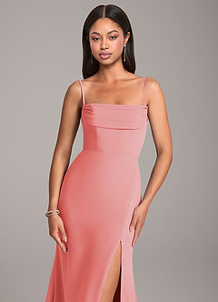 Azazie Saige Bridesmaid Dresses Coral Sheath Off the Shoulder Chiffon Convertible Dress image2
