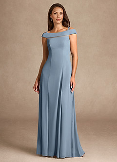 Azazie Ewa Mère de la mariée Robes Robe Trapèze en Maille Épaule décolletée Bleu Poussiéreux image5