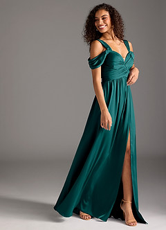 Azazie Lianne Bridesmaid Dresses Peacock A-Line Off the Shoulder Stretch Satin Dress image6