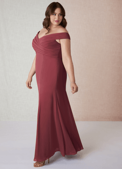 Azazie Lecia Bridesmaid Dresses Merlot Empire Off-The-Shoulder Pleated Chiffon Convertible Dress image10