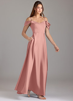 Azazie Marley Robes de demoiselle d'honneur Robe Trapèze Convertible en Satin extensible Épaule décolletée Rosette image4