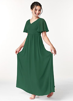 Azazie Temeka Junior Dark Green A-Line Pleated Chiffon Dress image3