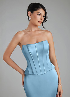 Azazie River At-home Try On Dresses Steel Blue Sheath Corset Stretch Satin Convertible Dress image4