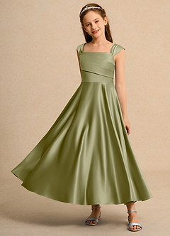 Azazie Bundle Girls Formal Flower Girl Dresses Moss Green A-Line Pleated Matte Satin Dress image6
