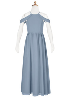 Azazie Seneca Junior Abito A-Line in Chiffon a Spalla Scoperta Blu Polveroso image6