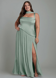 Azazie Stephanie Vestidos de damas de honor Vestido Agave de Satén Elástico de Línea A con Plisado image15