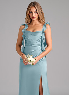Azazie Jessamine Vestidos de damas de honor Vestido de Azul Malhumorado de Satén Elástico de Corte en A con Corsé image7