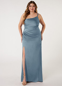 Azazie Eren Bridesmaid Dresses Dusty Blue Mermaid One Shoulder Stretch Satin Dress image6