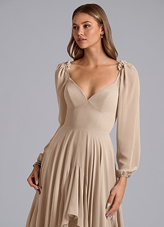 Azazie Karan Bridesmaid Dresses Taupe A-Line Long Sleeve Chiffon Dress image6