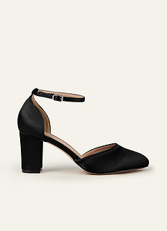 Satin Ankle Strap Pointed Toe Block Heels