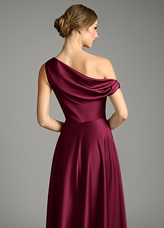 Azazie Xanthe Bridesmaid Dresses Burgundy A-Line Off the Shoulder Stretch Satin Dress image6