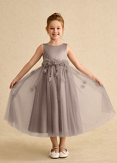 Azazie Lux Flower Girl Dresses Taupe A-Line Beaded Tulle Dress image4