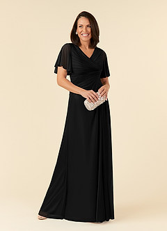 Azazie Emmeline Mother of the Bride Dresses Black A-Line V-Neck Pleated Mesh Dress image1