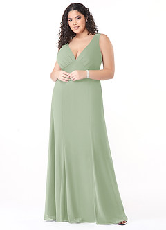 Azazie Christiana At-home Try On Dresses Dusty Blue A-Line V-Neck Pleated Chiffon Dress image7
