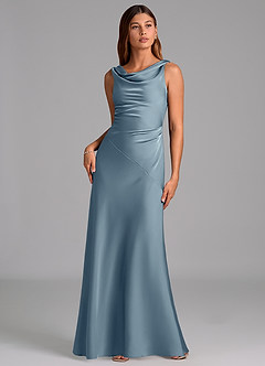 Azazie Nerine Bridesmaid Dresses Dusty Blue A-Line Pleated Stretch Satin Dress image3