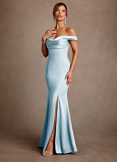 Azazie Boone Abiti per la Madre della Sposa Abito Sirena in Raso Elasticizzato a Spalla Scoperta Azzurro image4